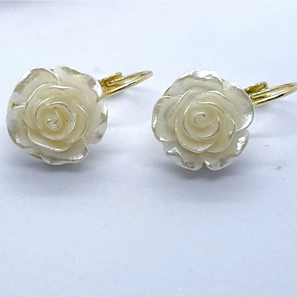 Ivory Camellia Rose Flower Earrings Gold Leverback Bridal Wedding Romantic Glam